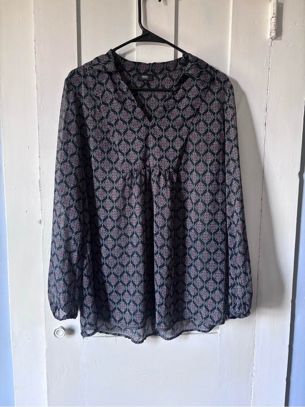 Black and Pink Printed V-Neck Long Sleeve Sheer Blouse
